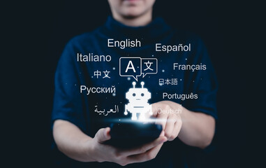 AI-Powered Language Translate App Concept. A woman holds smartphone displaying an AI powered...
