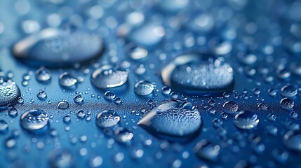 Perfectly shaped water droplets in macro detail spread across shiny surface enhanced by blue background