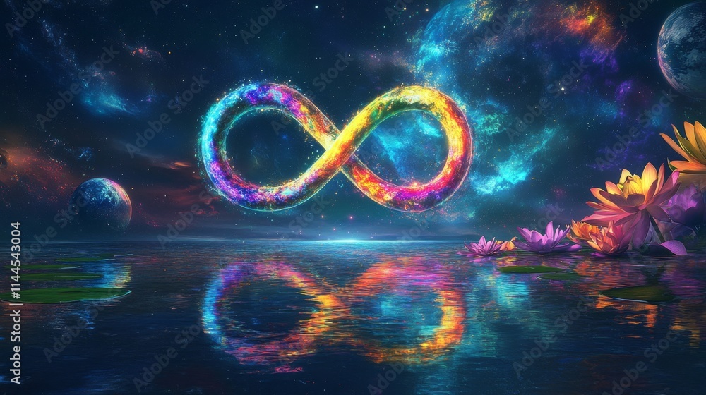 Poster a glowing infinity loop hovers over a tranquil pond, surrounded by floating lotus flowers and reflec