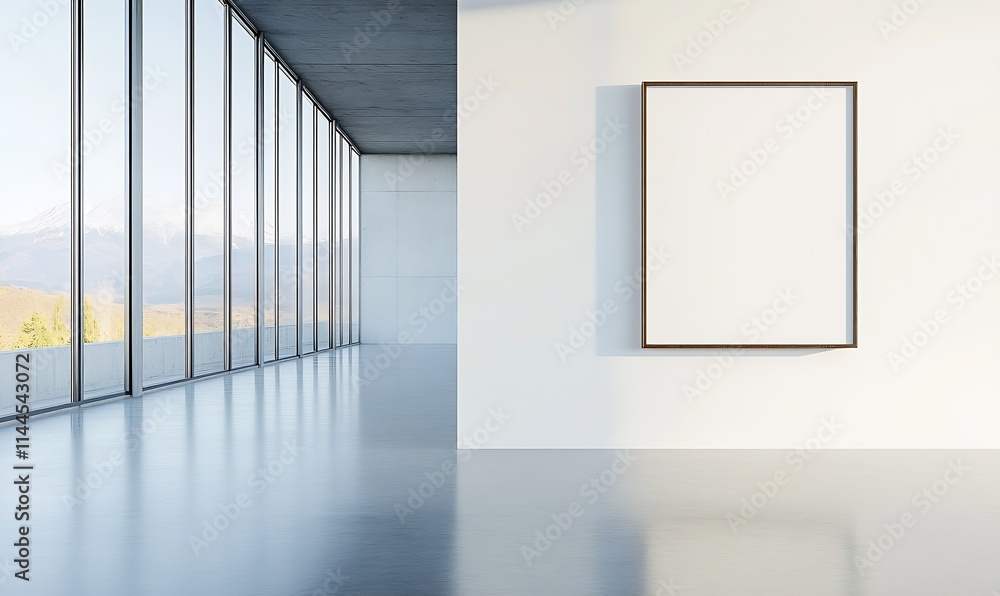 Poster modern interior space with large blank canvas and expansive glass walls overlooking mountains : gene