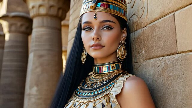 woman wearing ancient Egyptian attire at historical site with hieroglyphic on wall