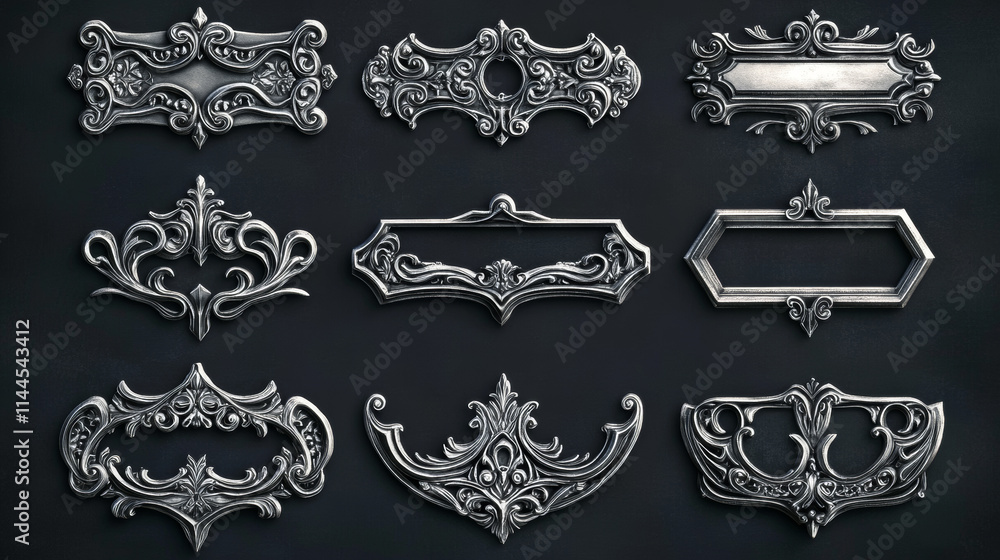 Poster square ui game frames, medieval silver borders. textured ornate gui elements with curve decorated ri