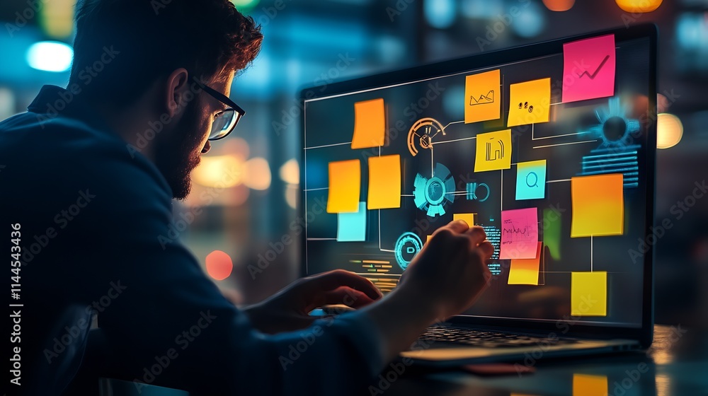 Poster creative office workspace with holographic sticky notes on laptop screen in night setting : generati