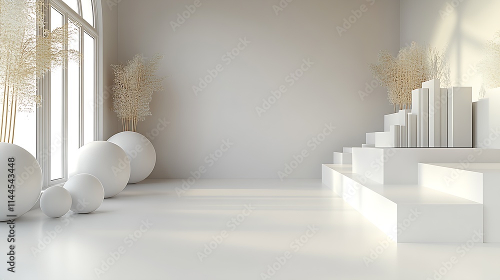 Poster Bright Minimalist Room with Steps and Spheres in Serene Natural Light Setting : Generative AI