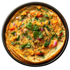 Top view of an extremely perfect looking moong dal dosa with rice in a dark metal pan isolated on a white transparent background