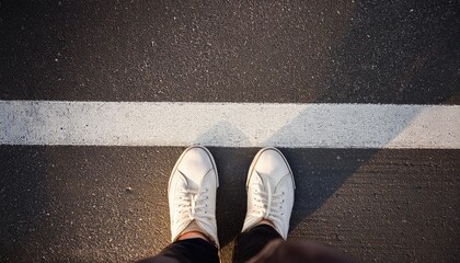 A person’s feet right at the edge of a line, symbolizing conformity, boundaries, or limits