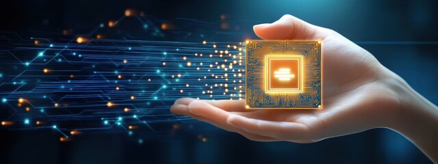 Quantum chip in a metallic hand, symbolizing the future of AI-human collaboration