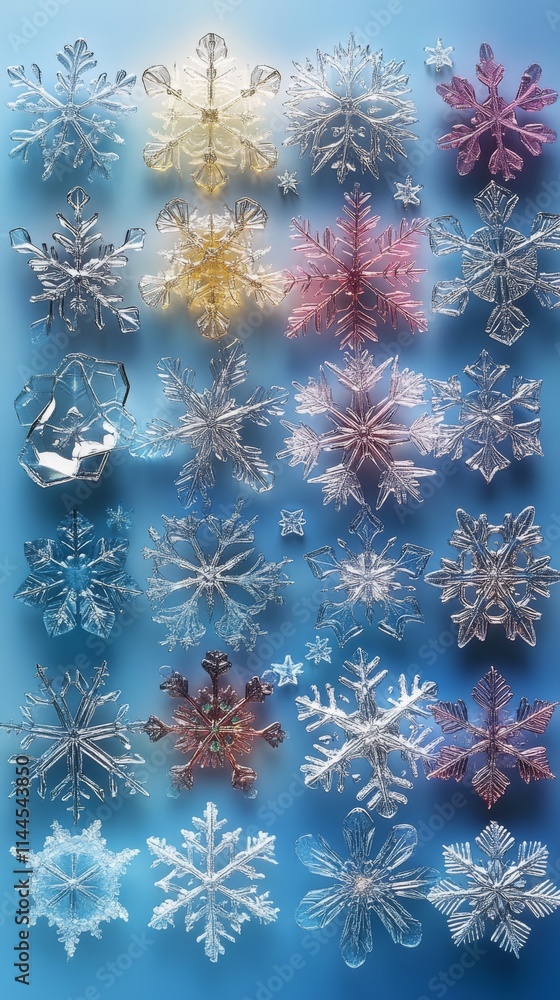 Poster a captivating arrangement of transparent snowflakes illuminated with soft multicolor highlights. the