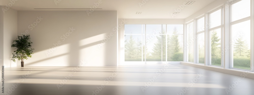 Poster Expansive Light-Filled Room with Scenic Windows and Minimalist Potted Tree Decor : Generative AI
