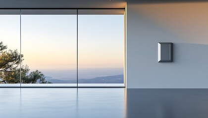 Spacious elegant interior with stunning morning view of mountains and sea : Generative AI