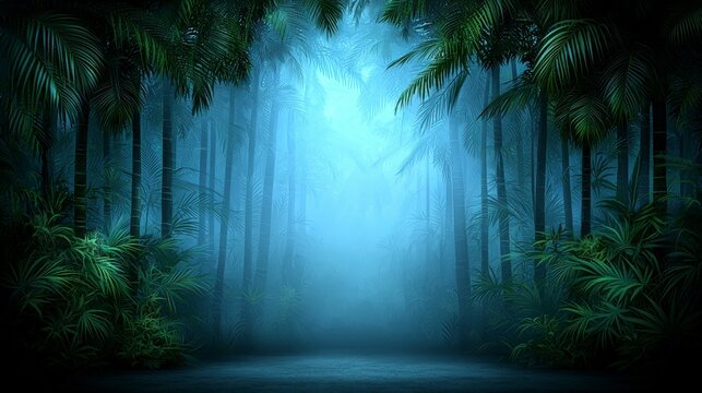 Mystical Foggy Tropical Forest Path Lush Jungle Palm Trees 4K Background