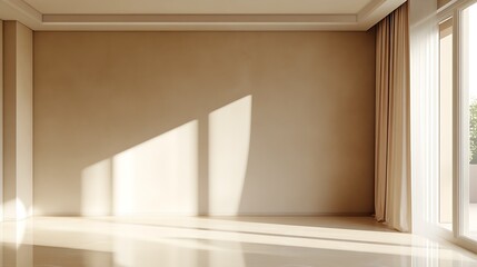 Minimalist Interior Design of Sunlit Room with Curtains and Beige Tones : Generative AI