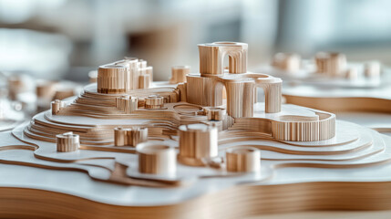 Detailed architectural model showcasing a futuristic city design.  Intricate wooden structures and layered terrain create a compelling visual.