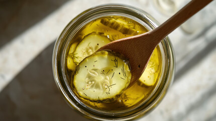 A close-up view of sliced cucumbers immersed in a jar of oil, garnished with herbs, showcasing a wooden spoon.
