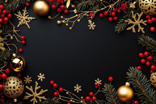 Black background with golden Christmas decorations, such as snowflakes, berries, branches, ornaments