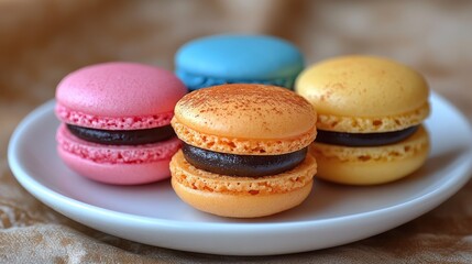 Four colorful macarons with chocolate filling on a white plate.