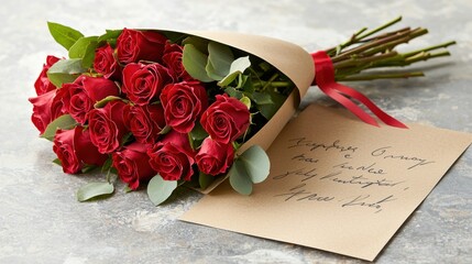 Romantic gesture red roses bouquet special occasion floral arrangement cozy setting close-up love...