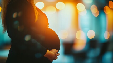 Expecting mother gently cradles her baby bump against a backdrop of a city skyline at sunset, showcasing the joy