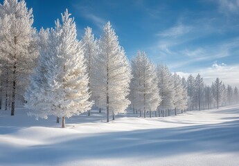 Obraz premium Serene Winter Landscape with Snow-Covered Pine Trees Under a Clear Blue Sky, Evoking Tranquility and Peacefulness in a Beautiful Frozen Scene
