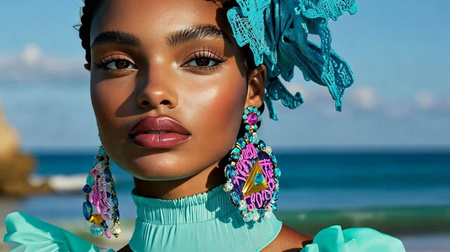fashion portrait pretty black woman wearing blue dress and handmade macrame with crystal earing standing with blue sea background