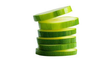 A freshly cut zucchini, placed in a neat stack isolated on white background.