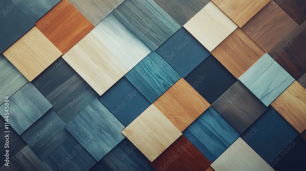 Poster a colorful patchwork of wooden tiles arranged in a geometric pattern, showcasing various shades and 