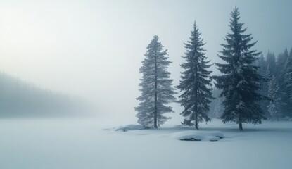 Naklejka premium Serene Winter Landscape with Snow-Covered Trees in a Misty Forest Scene Under Soft Natural Light, Capturing the Tranquility of a Quiet, Snowy Day