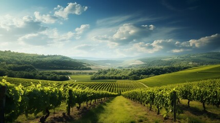 Naklejka premium A picturesque vineyard with hard light, space on the right for text or design,generative ai illustration