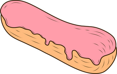 Sweet eclair with pink glaze and custard cream. Cartoon style vector illustration isolated on white background. Tasty, cute dessert and sweet pastry for menu, cafes, recipes, bakery, confectionery