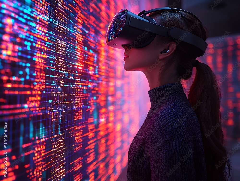 Poster immersive virtual reality interface displaying dna sequences for futuristic genetic