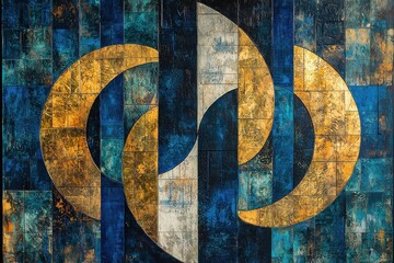 Abstract art deco painting featuring blue and gold geometrical patterns