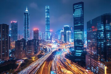 Fototapeta premium City skyline illuminated at night showcasing skyscrapers and bustling traffic under a vibrant glow