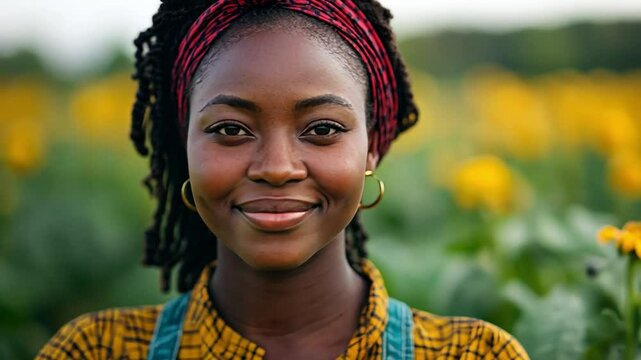 Radiant Smile in a Field of Gold: A young woman with dreadlocks and a vibrant red headband beams with joy, radiating warmth and positivity amidst a field of sunflowers.