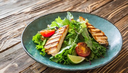 Fresh and Healthy Salad with Grilled Chicken and Mixed Vegetables on a Wooden Table