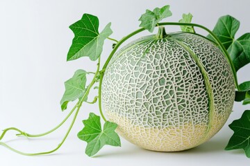 Close-up of a cantaloupe melon with leaves