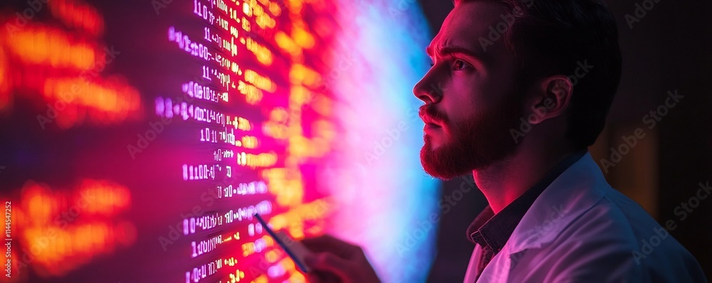 Aufkleber scientist studying interactive genetic code sequences on futuristic digital wall display