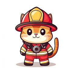 Kawaii 2D cartoon vector cat dressed as a firefighter with a helmet and hose, playful style, white background