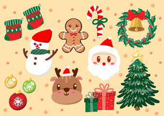 Fototapeta premium Cute Cartoon Christmas Elements Clip Art Set Festive Holiday Decorations Graphic Pack