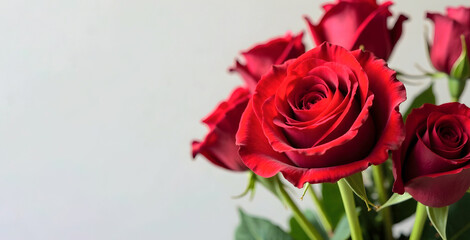 A close-up of vibrant red roses with delicate petals set against a soft gray background, ideal for romantic gift promotions, Valentine's Day visuals, or floral-themed advertisements. Selective focus