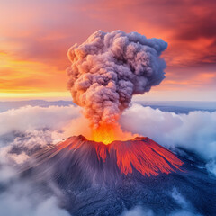 Majestic volcanic eruption with glowing lava and dramatic clouds at sunset. Generative AI