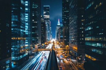 City skyline at night showcasing vibrant lights and busy streets with towering buildings in New York City