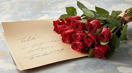 Romantic gesture bouquet of red roses and love letter indoor setting still life warm lighting love...