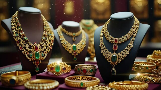 Luxury gold jewelry shop with various types. Seamless 4K looping timelapse video animation background