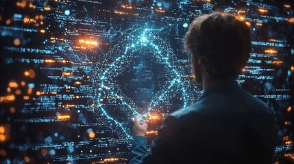 Scientist Examining Futuristic Holographic Genome Map for Genetic Engineering Advancement