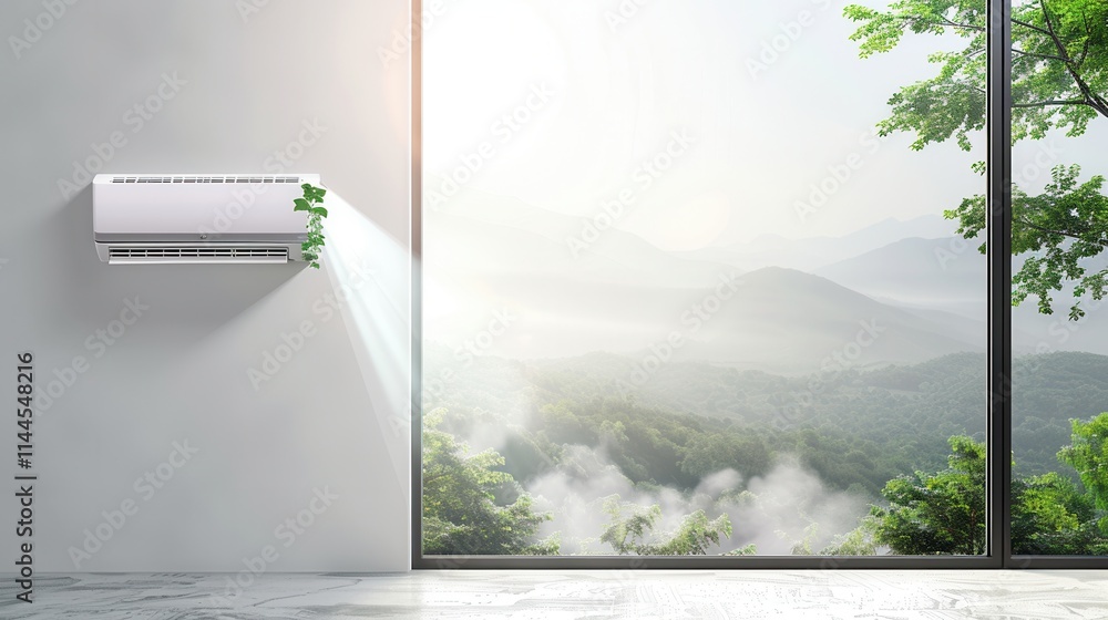 Leinwandbilder Air conditioner mounted on wall beside open window offering a view of serene mountains and lush trees in bright daylight. Generative AI