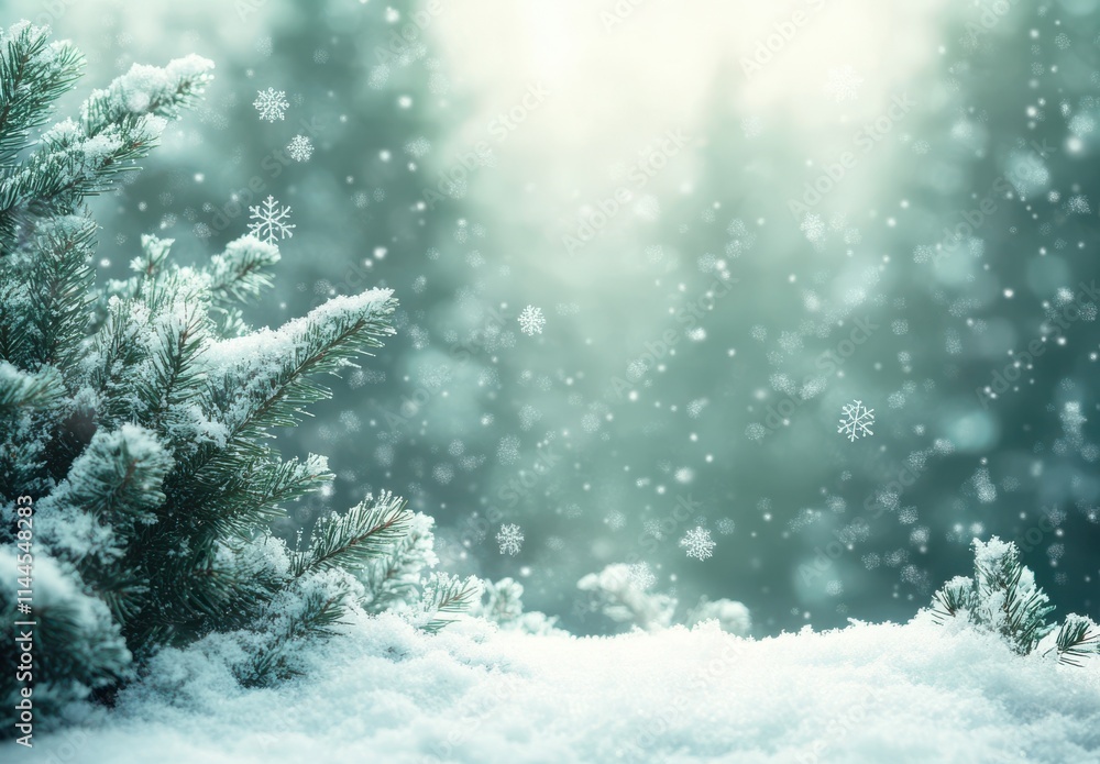 Poster snowfall over evergreen trees in a winter wonderland with soft focus background creating a magical a