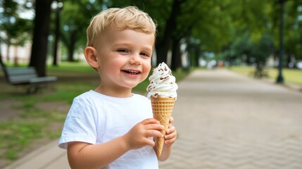 Fototapeta premium Delightful child enjoying ice cream in a park on a sunny day with green trees surrounding him