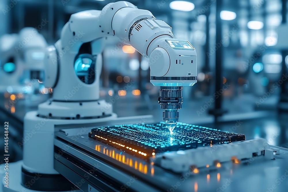 Poster automated robotic arms conducting genetic engineering experiments in biotech lab