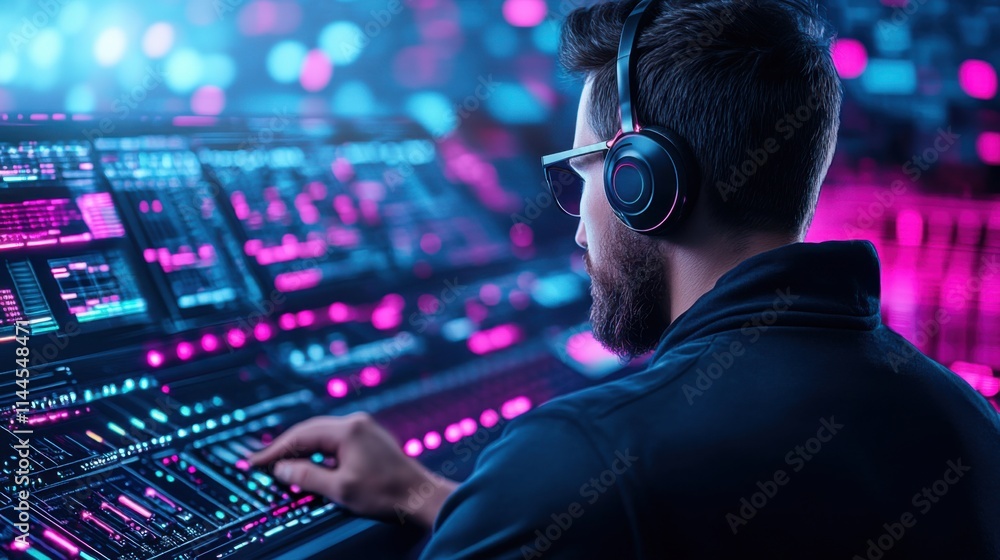 Poster modern sound engineer creating music in a digital studio with colorful neon lights and equipment