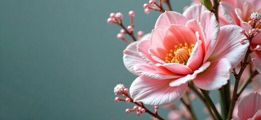 Elegant pink blossom with smooth and textured petals set against a muted green background with copy space, ideal for romantic designs, greeting cards, or luxury floral branding. Selective focus